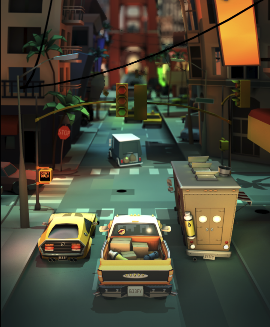 A downtown scene with the three drivable cars from the game and a getaway van further down the road