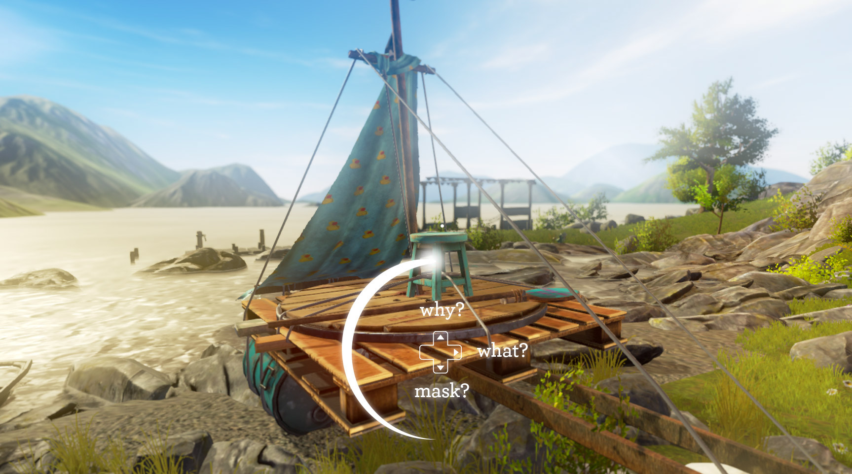 An example of some UI from the game Blackwood Crossing. Three dialogue options are shown alongside the direction you can press to select them.