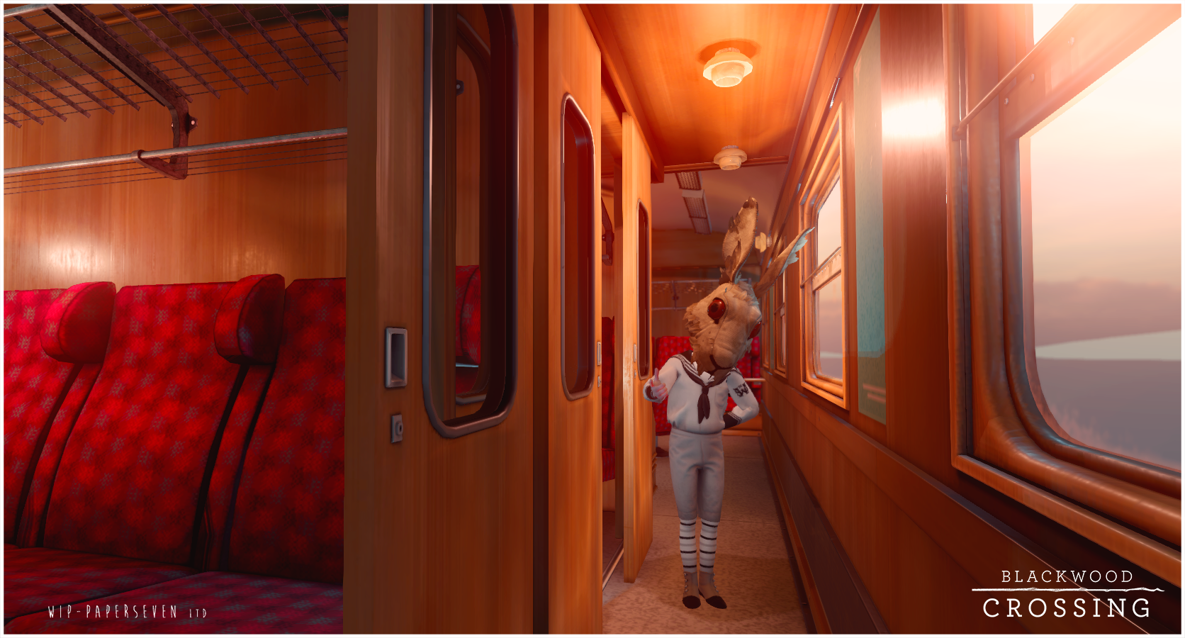 A scene from the game Blackwood Crossing - A character with a head that looks like an old toy rabbit and wearing a victorian boy's sailor outfit beckons you down a vintage railway corridor.