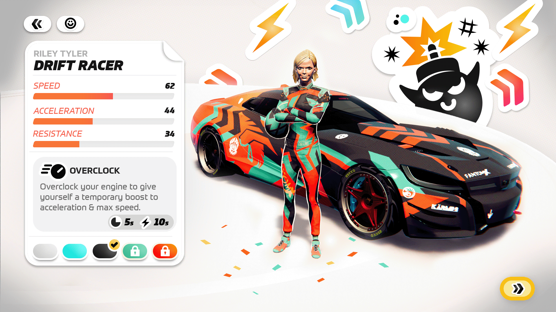 Detonation Racing garage screen where you can see stats about your car and customise it.