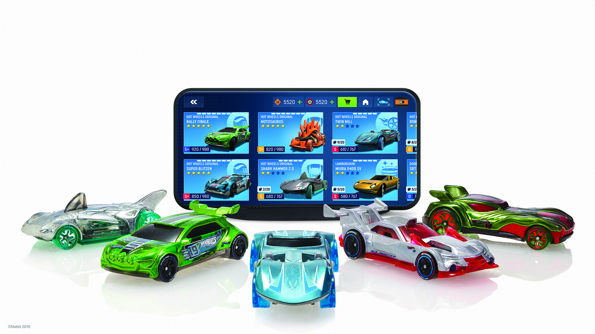A phone showing the Hot Wheels Id app with Hot Wheels Id cars arranged around it.