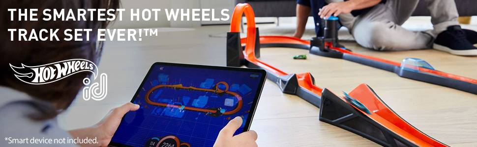 An advertising banner for the Hot Wheels Id Smart Track with the slogan `The smartest Hot Wheels track set ever!`. In the background is the smart track connected together whilst an iPad shows the layout that has been built.