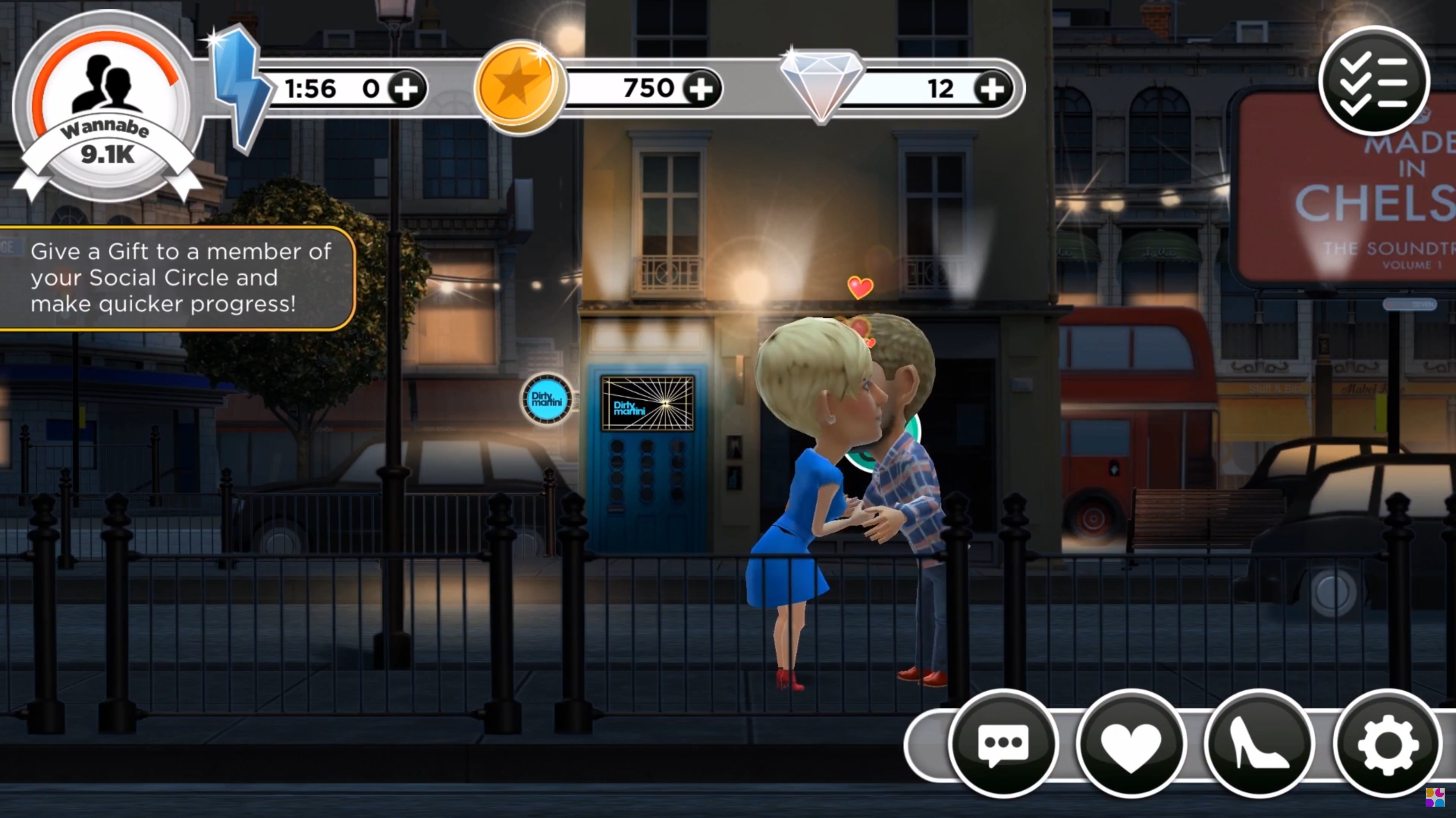 A third screenshot from Made In Chelsea: Unlocked showing two characters greeting each other in a street scene.