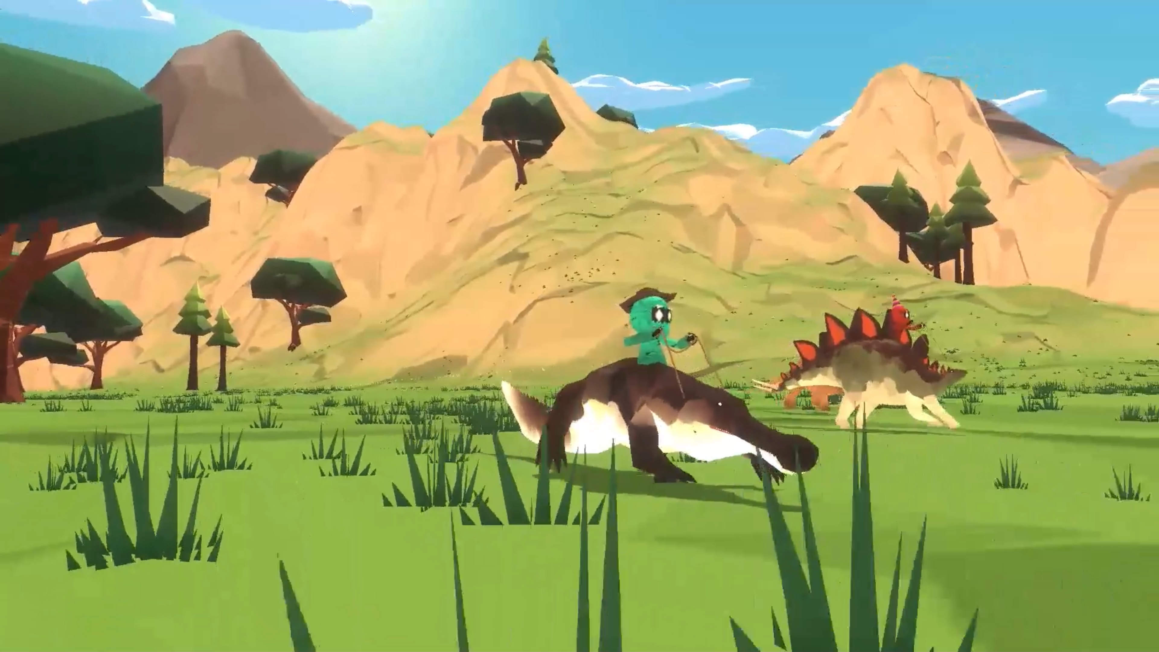 A screenshot from Reptyle showing two players riding dinosaurs together.