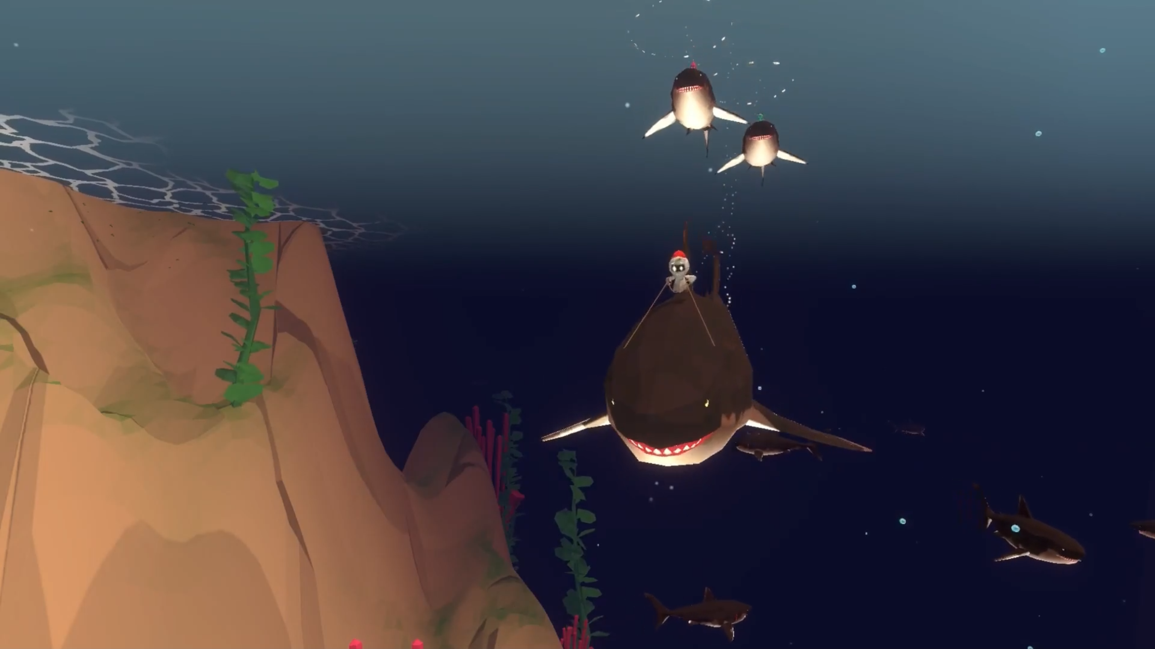 Another screenshot from Reptyle showing a player riding a Megalodon (an extinct giant shark species) underwater.