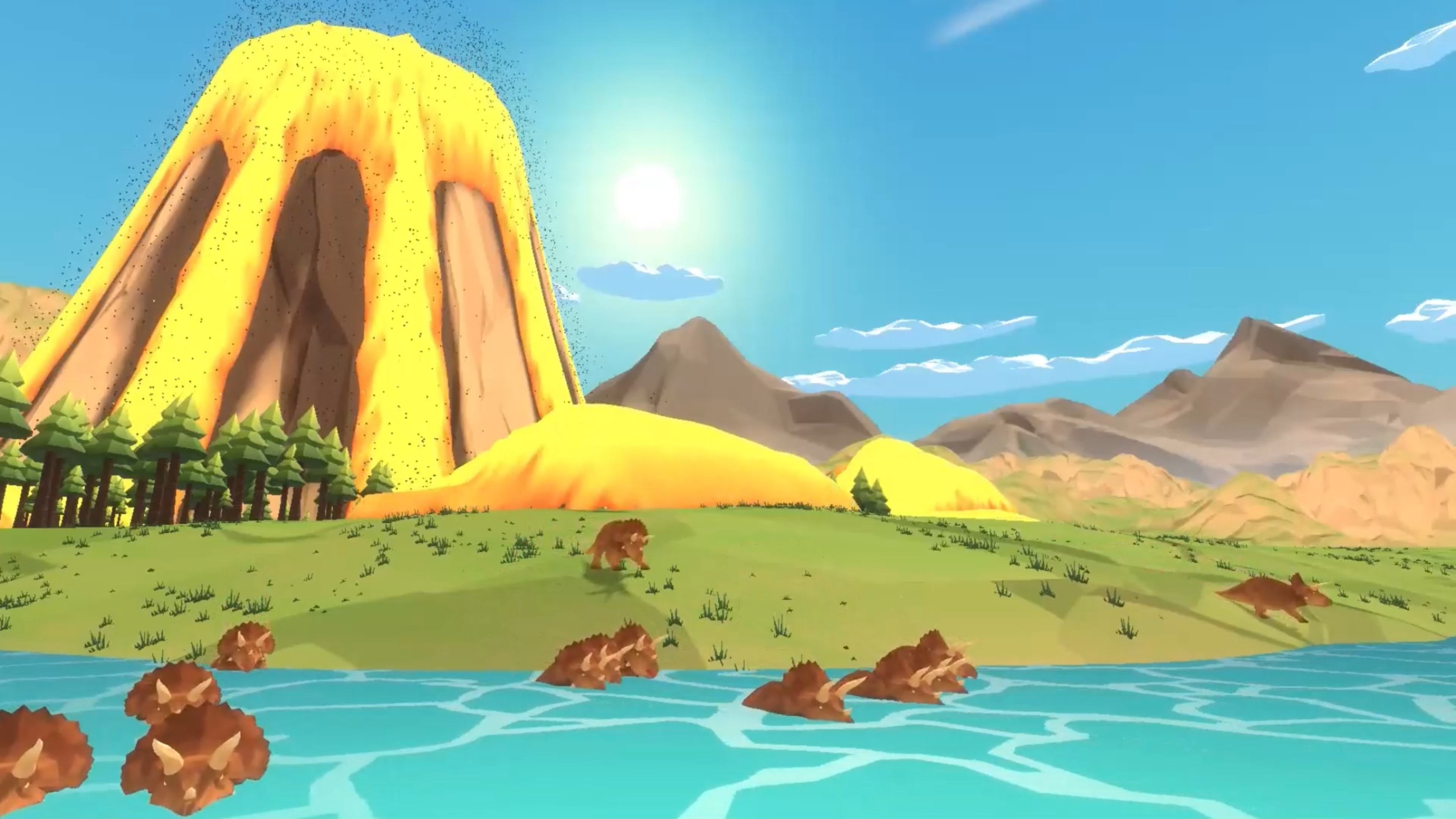 A screenshot from Reptyle, where lots of Triceratops are fleeing from an erupting volcano.